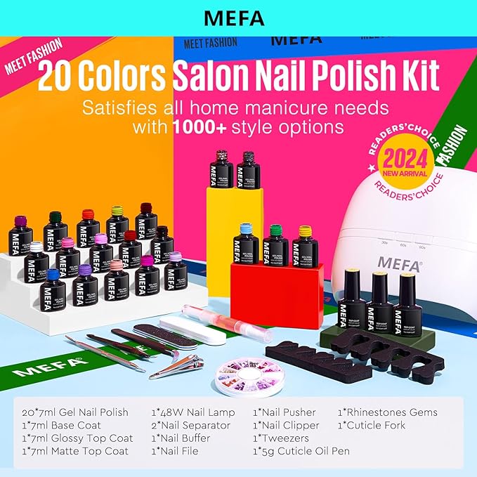 MEFA 34 Pcs Gel Nail Polish Kit with U V Light 48W, 20 Colors All Seasons Collection Pink Purple Gel Nail Polish Set with Base and Matte/Glossy Top Coat Nail Art Manicure Tools DIY Salon Home