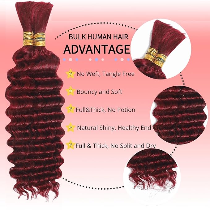Burgundy Human Braiding Hair for Boho Braids 12A No Weft Curly Human Hair Braiding Hair Wet and Wavy Water Wave Bulk Human Hair for Braiding 2 Bundles/Pack (99J-Deep Wave, 18 Inch)