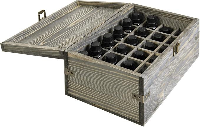 MyGift 24 Slot Wooden Essential Oil Bottle Storage Box, Vintage Gray Wood Roller Organizer Holder Display Case, Holds Up to 30 mL Bottles