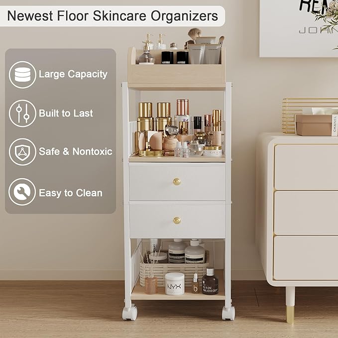 Floor Makeup Organizer Cart - Rolling Makeup Cart with Drawers, Skincare Make Up Organizers and Storage, Cosmetics Display Cases Holder for Skin Care Nail Polish Perfume Makeup Brush (White)