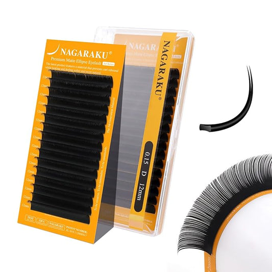 NAGARAKU Flat Ellipse Eyelash Extensions, 5TH GEN AIR SERIES Double Tips Lashes Lighter Thinner Flat Split Tips Individual Lash Matte Black Classic False Eyelashes 16 Rows -0.15 D Curl 12mm