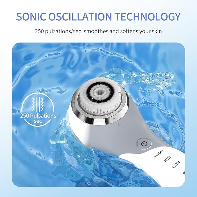 COSBEAUTY Face Scrubber Exfoliator Sonic Facial Cleansing Brush with 5 Interchangeable Brush Head,Face Brush Cleanser for Men IPX7 Waterproof,Wireless Rechargeable for Massaging,Deep Cleansing(White)
