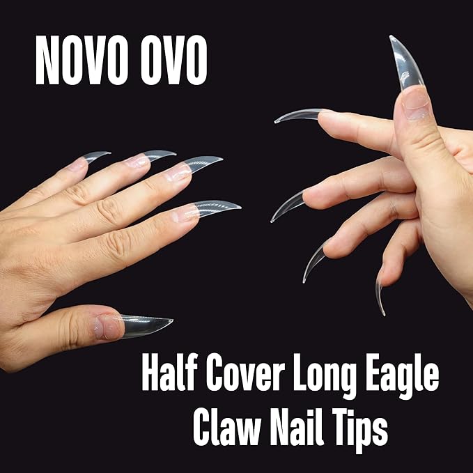 504 pcs Half Cover Curved Stiletto Long Eagle Claw Nail Tips, Clear Extra Super Deep Hawk Curve False Nail Extension for Acrylic, Raptor Sharp Fake Nails Cosplay Claws 12 Sizes in Bag