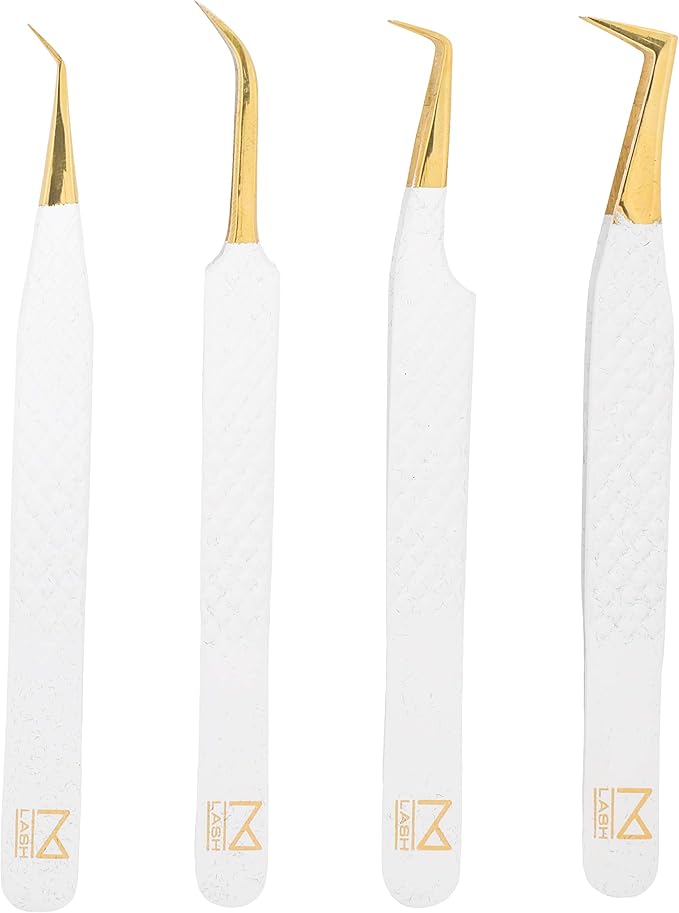 M LASH Tweezers for Eyelash Extensions - Professional Lash Extension Tweezers (Set of 4) - Fiber Tip, Japanese Steel, Diamond Grip (White)