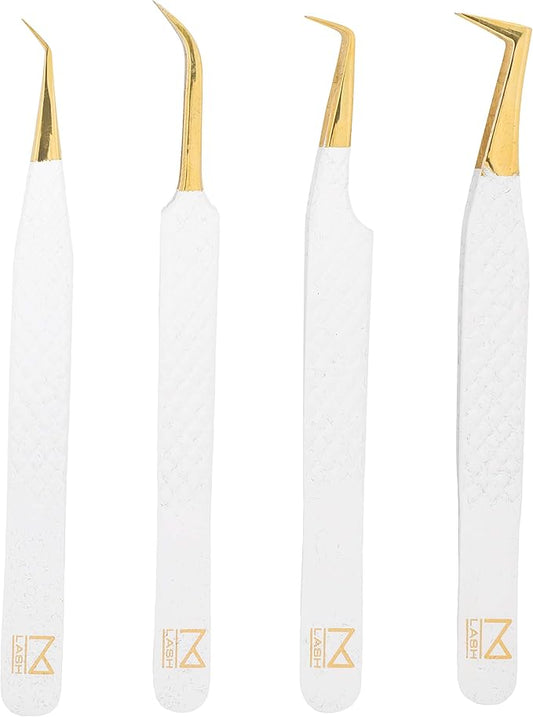 M LASH Tweezers for Eyelash Extensions - Professional Lash Extension Tweezers (Set of 4) - Fiber Tip, Japanese Steel, Diamond Grip (White)