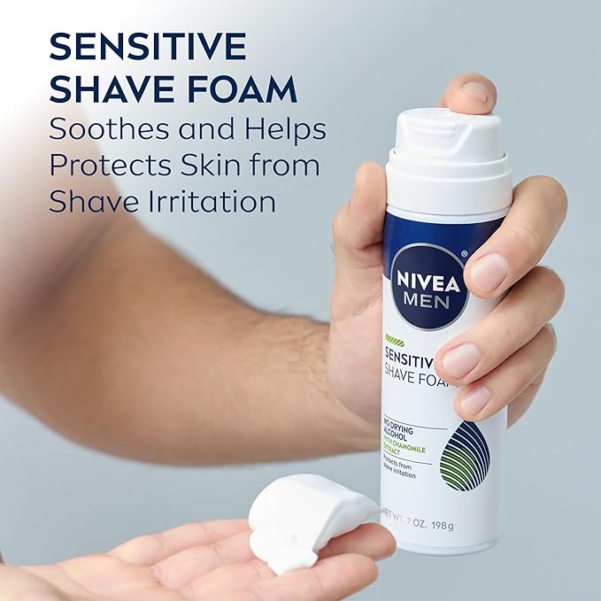 NIVEA MEN Sensitive Shave Foam with Vitamin E, Soothing Chamomile and Witch Hazel Extracts, 6 Pack of 7 Oz Cans