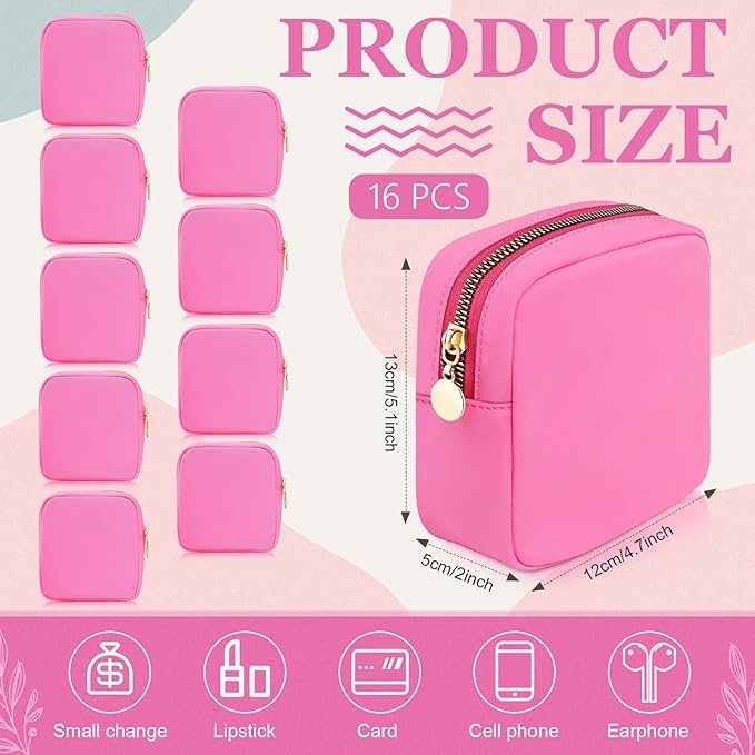 16 Pcs Mini Makeup Bags Bulk Nylon Cosmetic Bags Pouch for Purse Travel Bag Pouch Toiletry Organizer Pouches Bag for Women, Small Zipper Pouch Preppy Coin Purse for Custom Valentines Gifts