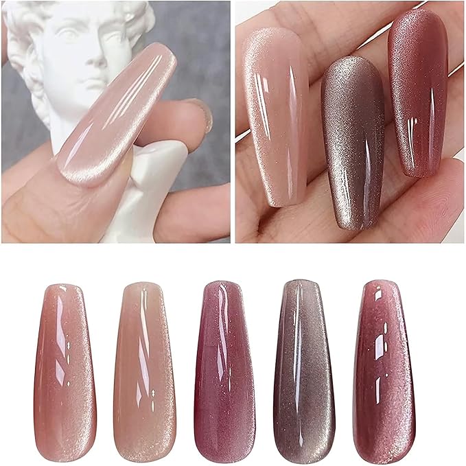 Adhere 5Pcs 12ML Cat Eye Soak Off UV LED Gel Nail Polish Set, Reflective Glitter Cat Eye, Sparkling Diamond Magnetic Transparent Pink Color with Magnet