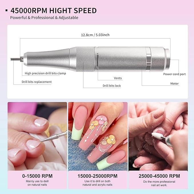 LimeGirl Electric Nail File for Acrylic Nail Kit, 45000RPM Nail Drill Professional Manicure Pedicure Set with Nail Drill Bits, Efile Nail Drill Rechargeable, 2024 Upgraded Drill para uñas (Black)