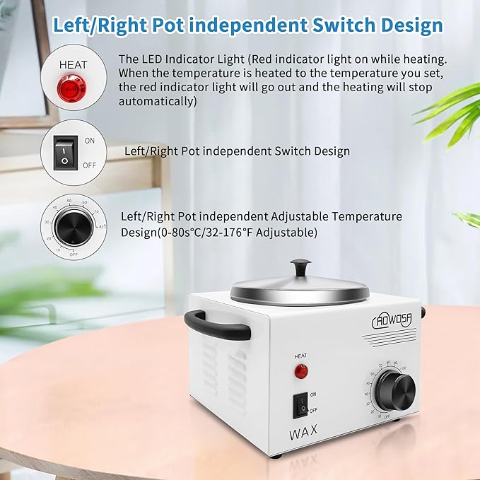 Single Professional Electric Wax Heater Machine for Hair Removal - Large Paraffin Pot with Adjustable Temperature, Facial Skin Body SPA Salon Equipment, 50 Wax Sticks Included