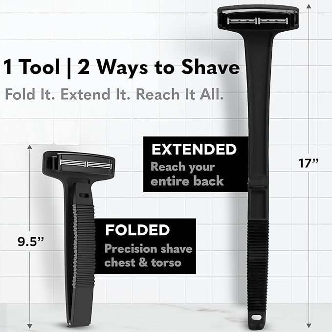 Bearback Back Shaver for Men – DIY Razor with Pivoting Triple Blades & Folding Handle – Wet or Dry Back & Body Hair Removal