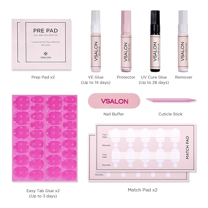 VSALON 42 Count Almond Press-On Nails, 32 PCS Pink French Tip & Cat Eye Nails, 2 Sets of 21 PCS Each, Full Well Tips, Plastic Material, False Nails, Up to 28 Days Wear, UV Glue Included