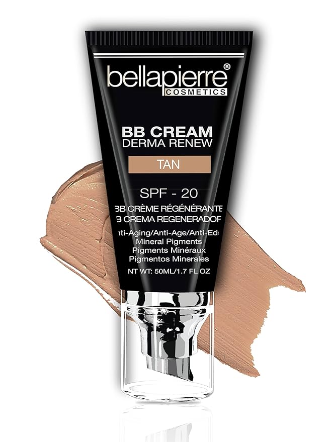 bellapierre BB Cream with SPF 20 - Tinted Sunscreen, Concealer, Matte Foundation, & Moisturizing Face Cream | Lightweight Formula + Pump Top Applicator | Non-Toxic & Paraben Free | 1.7 Oz - Tan