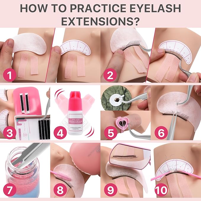 Pretty memory Eyelash Extension Kit for Beginners, 343 Pcs Lash Extension Kit with Everything Includes 2 Mannequin Heads Facial Mister Tweezers Glue USB Fan for Practice Training