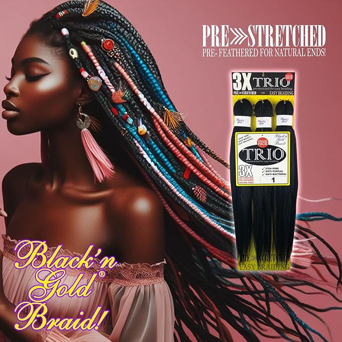 BNG 3X Pre-Stretched Braiding Hair, 28" Professional Itch Free Synthetic Fiber Braids Hair Extensions for Easy Braid, 3 PACKS (9 bundles), (#T1B/33 Off Black/Dark Auburn)