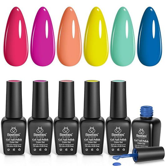 Beetles Gel Nail Polish Set, 6 Colors Bright Rainbow Nail Art Orange Blue Pink Green Neon Gel Polish Kit Soak Off UV Gel DIY Nail Art for Women Pool Party Holiday Manicure