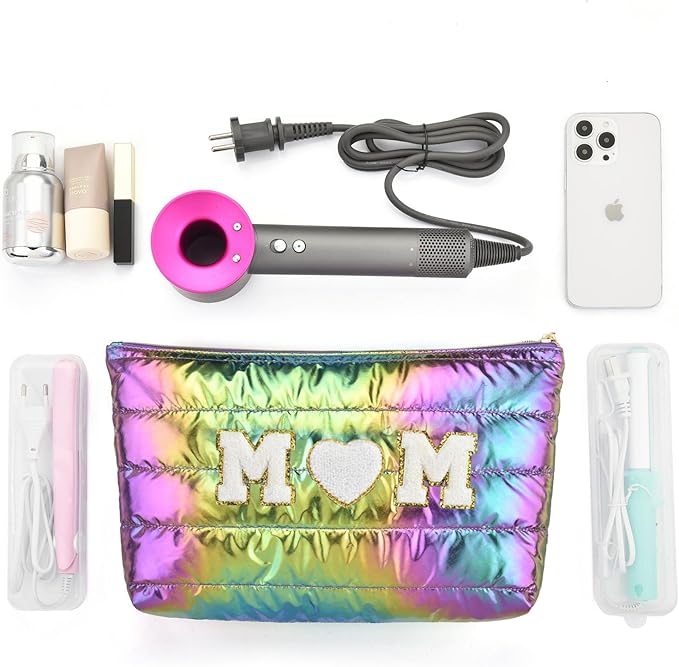 Hiroyuki 3pcs Iridescent Quilted Makeup Bag (ILOVEUMOM, rainbow)