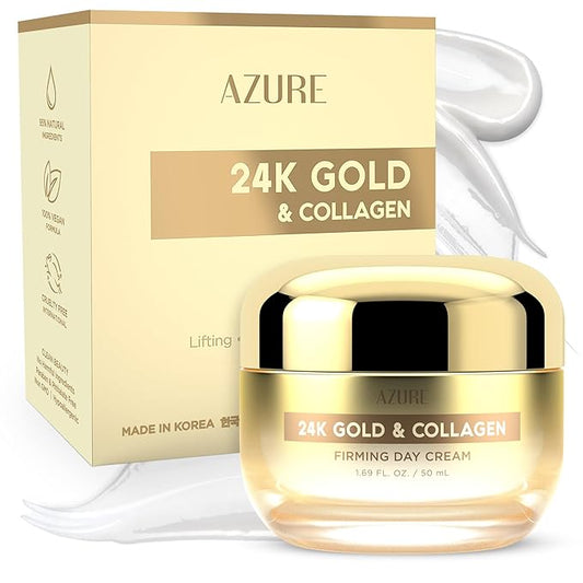 Azure Cosmetics 24K Gold & Collagen Face Moisturizer - Dermatologist Tested, Anti-Aging Face Cream - Skin Tightening, Fine Lines and Wrinkles Treatment - Korean Skin Care - All Skin Type - 1.69 fl oz