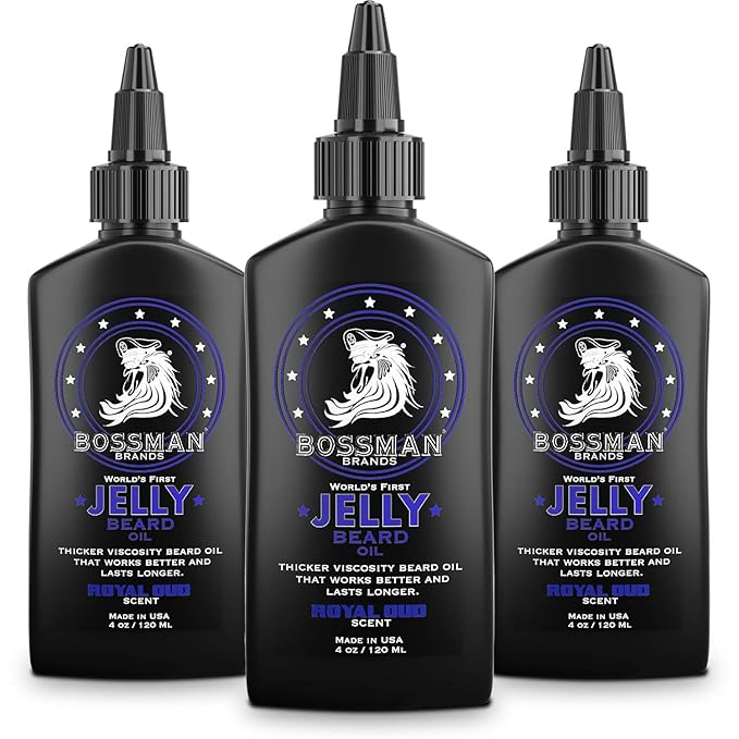 Bossman Jelly Beard Oil for Men - 3 Pack (12 oz in Total, Royal Oud Scent) – Softens, Moisturizes & Conditions with Natural Ingredients
