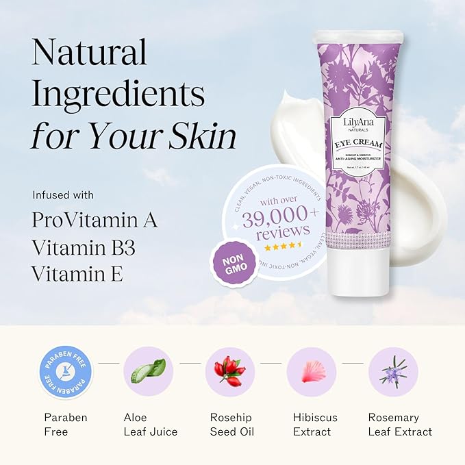 LilyAna Naturals Eye Cream for Dark Circles and Puffiness, Under Eye Cream for Wrinkles and Bags, Anti Aging - helps Improve Dryness; for Sensitive Skin - 1.7 oz - Made in USA
