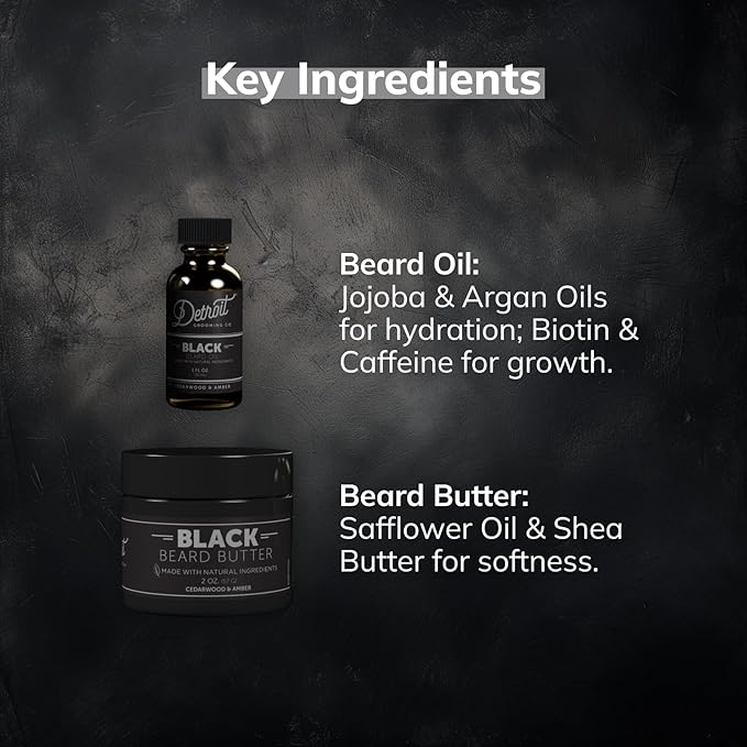 Detroit Grooming Co. Beard Oil & Beard Butter Bundle – Black (Cedarwood & Amber Scent) – Beard Hydration Set with Vitamin E & Sunflower Oil