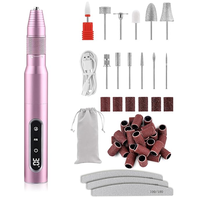 Cordless Electric Nail Drill Professional, 30000RPM Portable Nail File Machine Kit Manicure Pedicure Tools Polishing Set for Acrylic Gel Dip Powder Nails with Nail Drill Bits Sanding Bands