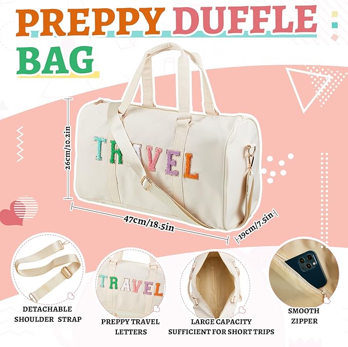 2 Pcs Preppy Chenille Letter Duffle Bag and Makeup Pouch, Travel Tote Bag Cosmetic Zipper Patch Makeup Bag (Nude)