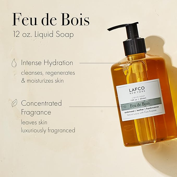 LAFCO New York Liquid Soap, Feu de Bois - 12 oz - Regenerates, Protects & Moisturizes - All Skin Types - Hypoallergenic, Synthetic Free & Cruelty Free - Made in Italy