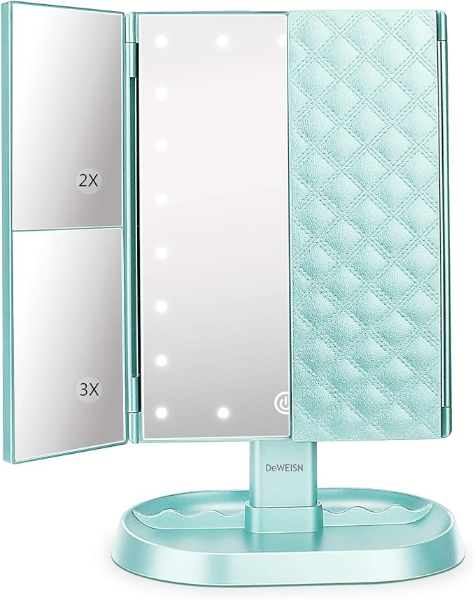 deweisn Trifold Lighted Vanity Makeup Mirror with 21 LED Lights,1x/2x/3x Magnification Touch Screen Dimming,Two Power Supplies Makeup Mirror, Gift for Women