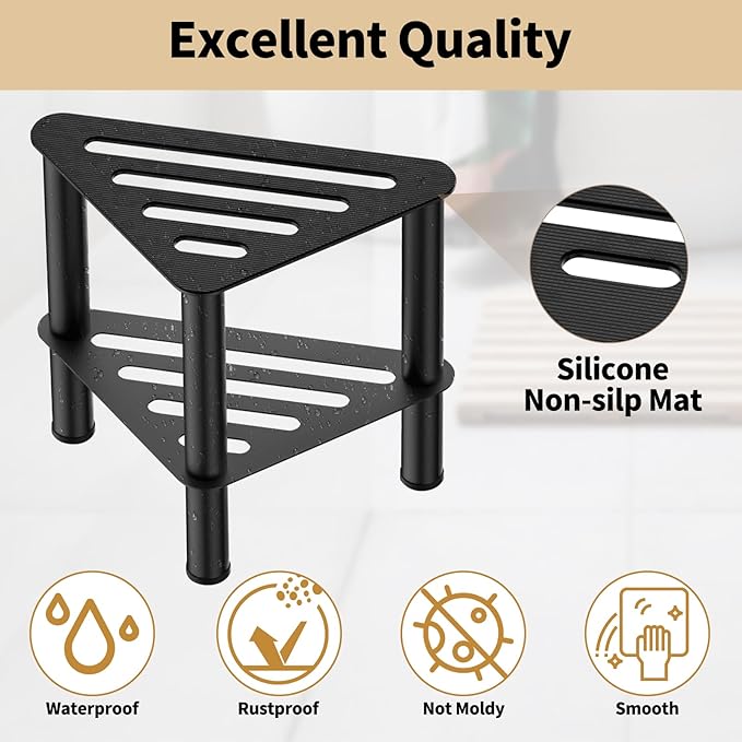 Metal Corner Shower Foot Stool for Shaving Legs, Shower Foot Rest Bench for Inside Shower with Storage Shelf, Small Step Stools, Waterproof Non-Slip Bath Stool to Sit (Black)