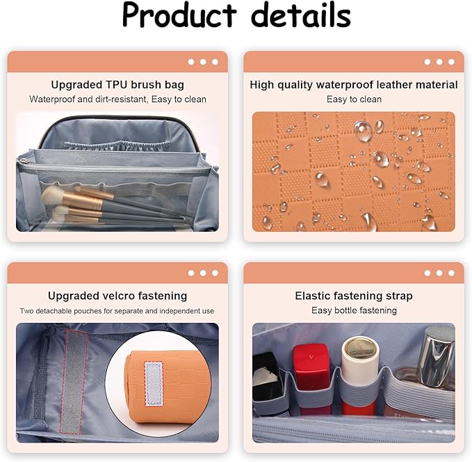 BOYATU Travel Makeup Bag Organizer Cosmetic Bag: 3 Pcs Set Make up Bags for Women with Handle - Waterproof Vegan Leather Toiletry Bags with Comparments (Orange)