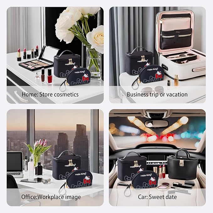 AmBealla Travel Makeup Bag Large Cosmetic Bags with Brush Holder,Black Waterproof 2PCS Portable Cosmetic Case for Women, Toiletry Storage Bag for Skincare & Beauty Tools for Girls