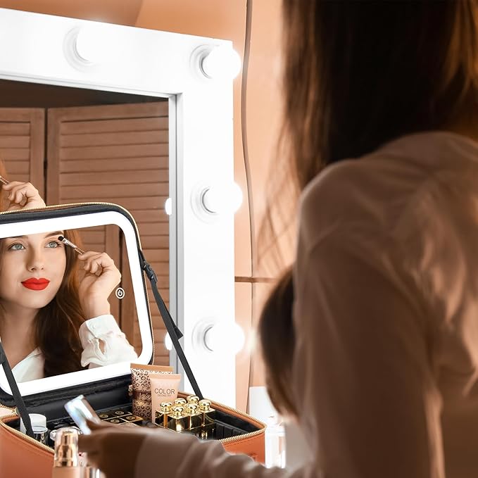 Makeup Travel Train Case with Mirror LED Light 3 Adjustable Brightness Cosmetic Bag Portable Storage Adjustable Partition Waterproof Makeup Brushes Makeup Jewelry Gift for Women (Brown)