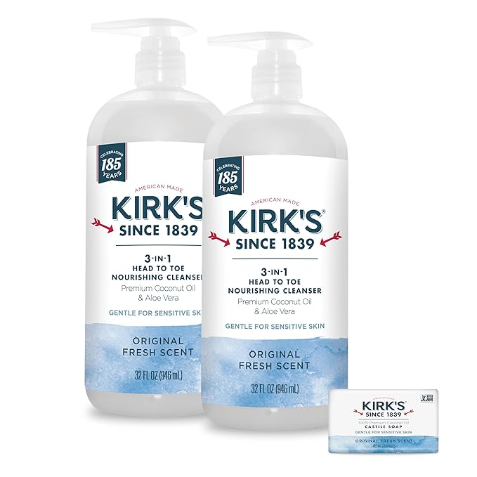 Kirk's 3-in-1 Head to Toe Nourishing Liquid Cleanser & Travel Size Bar Soap - for Men, Women & Children - Premium Coconut Oil and Aloe Vera- Non GMO & Vegan -Original Fresh Scent - 32 Fl Oz. 2 pack