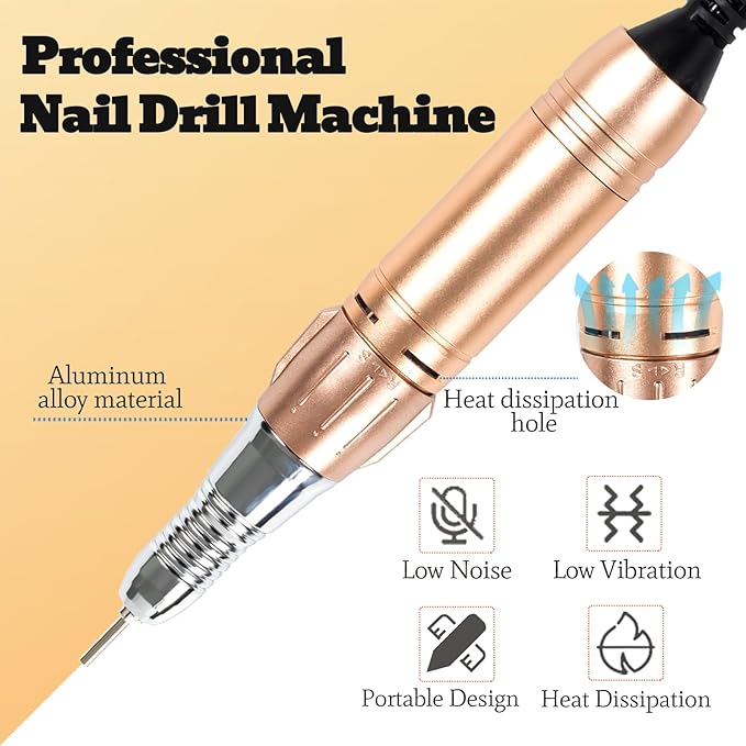 Professional Electric Nail Drill, USB Portable Nail E File Cordless Machine Set for Acrylic Gel Nails, Manicure Pedicure Fast Removal Tool with Nail Drill Bits Sanding Manicure Salon Home (Gold)
