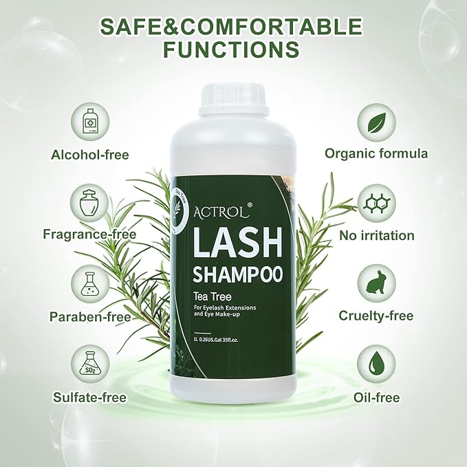 Eyelash Extension Cleanser Tea Tree 1L Natural Lash Extension Shampoo Professional Eyelid Foaming Cleanser Paraben & Sulfate Free Non-lrritating with Salon and Home Care