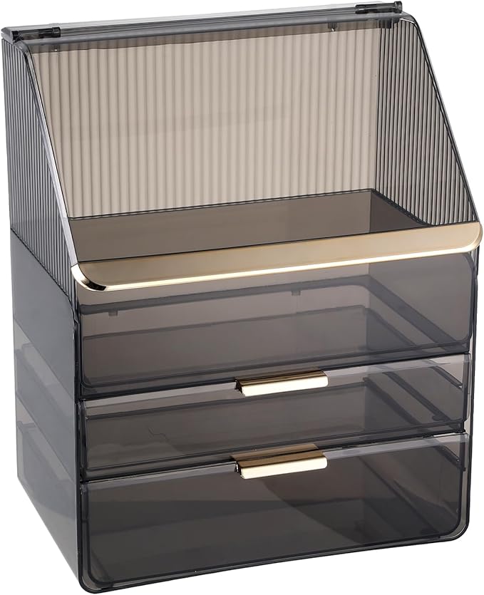 Makeup Organizer with Lid Cosmetic Storage Box for Bathroom Counter Cosmetic Display Case with Drawers for Vanity Countertop Makeup Storage with Lipstick Holder(Clear Black Flat Lid)