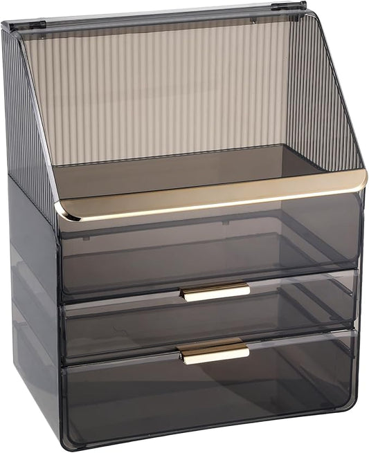 Makeup Organizer with Lid Cosmetic Storage Box for Bathroom Counter Cosmetic Display Case with Drawers for Vanity Countertop Makeup Storage with Lipstick Holder(Clear Black Flat Lid)