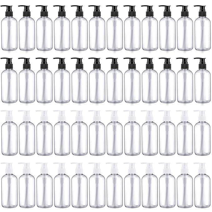 48 Pcs Pump Bottle Lotion Dispenser Refillable Shampoo Conditioner Hand Soap Dispenser Plastic Empty 8oz/250ml Clear Reusable Body Wash Container Bulk(Clear, White, Black)