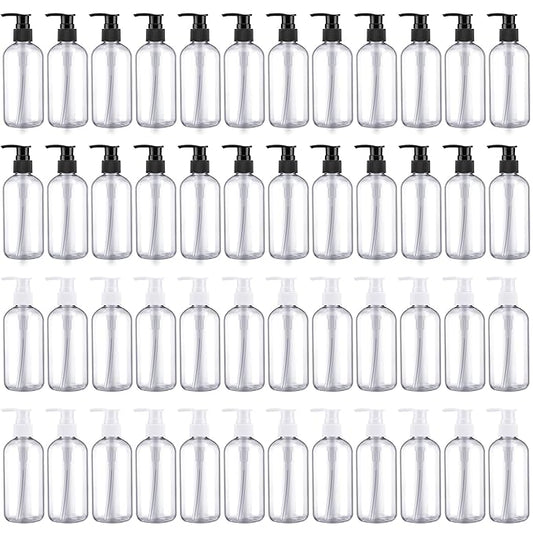 48 Pcs Pump Bottle Lotion Dispenser Refillable Shampoo Conditioner Hand Soap Dispenser Plastic Empty 8oz/250ml Clear Reusable Body Wash Container Bulk(Clear, White, Black)