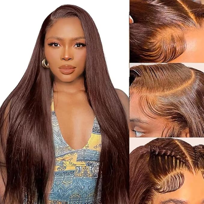 13x6 Chocolate Brown Lace Front Wigs Human Hair with Baby Hair 200 Density Straight Lace Frontal Human Hair Wigs Pre Plucked Hairline 4# Brown Wig 32 Inch