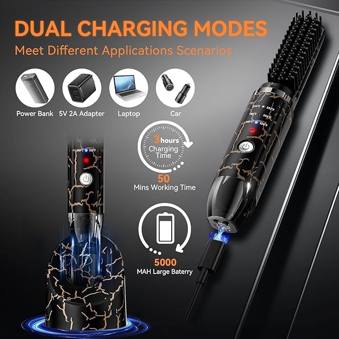 Beard Straightener for Men, Cordless Heated Beard Brush, Portable Beard Hot Combs, Ionic Mini Hair Straightener with 3 Temp Settings, Coarse & Curly Hair Brush, Grooming Kit for Men