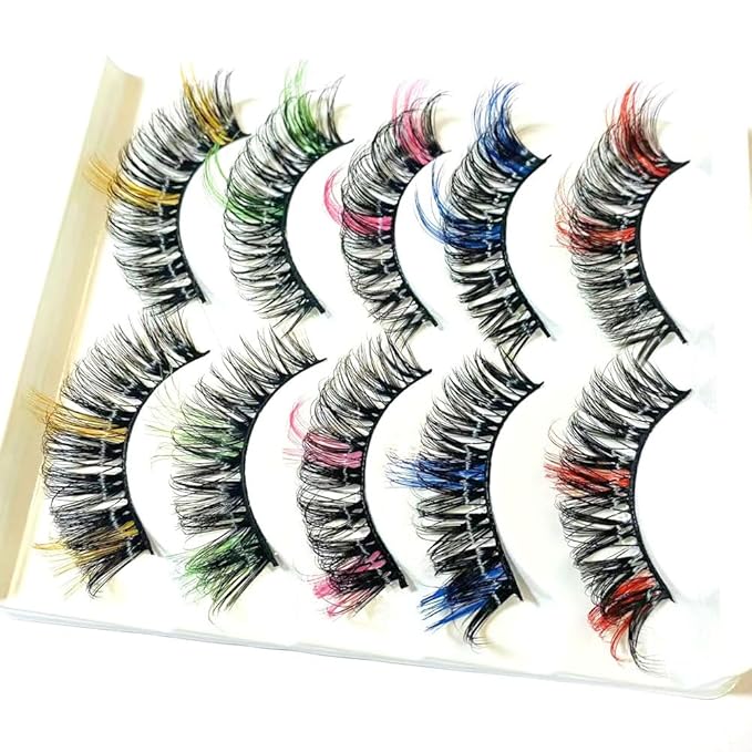 Sunniess Ombre Colored Lashes Silk Protein Fluffy Wispy Volume Fake Lashes for Halloweens Cosplay Party Stage Russian D Curl Lashes with Color Make up Faux Mink False Eyelashes