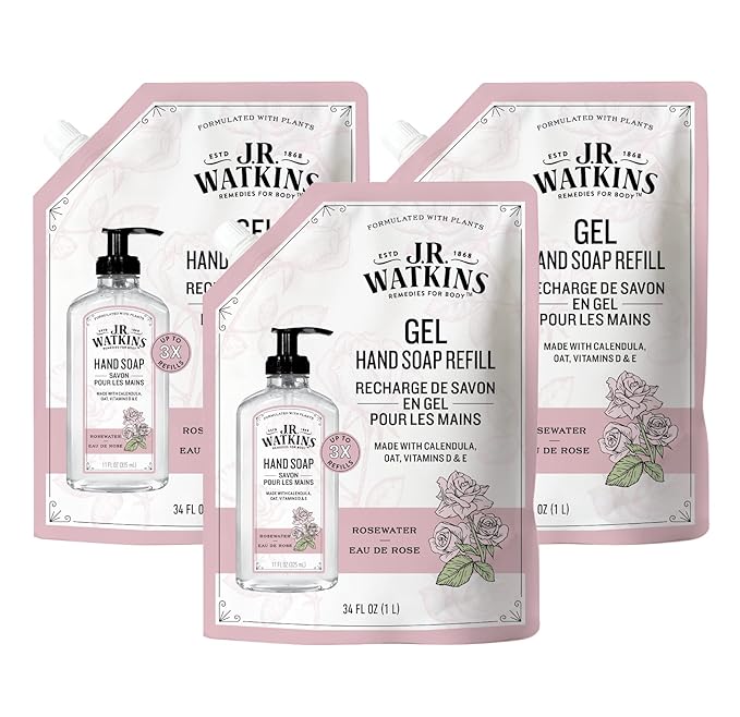 J.R. Watkins Gel Hand Soap Refill, Moisturizing Hand Wash, All Natural, Alcohol-Free, Cruelty-Free, USA Made, Rosewater, 34 Fl Oz, 3 Pack