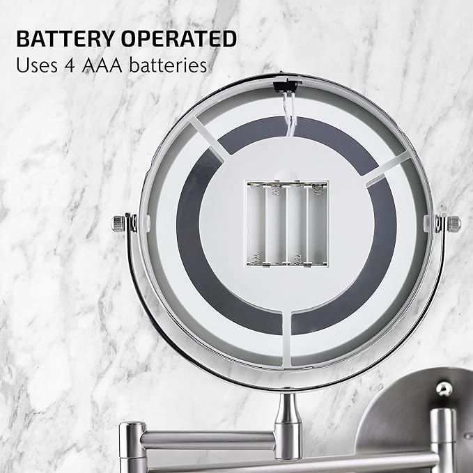 OVENTE 7" Lighted Wall Mount Makeup Mirror with 1X/7X Magnification, Cordless Double Sided Magnifying Round Vanity Mirror, 360° Swivel Design, Extendable and Folding Arm, Nickel Brushed MFW70BR1X7X