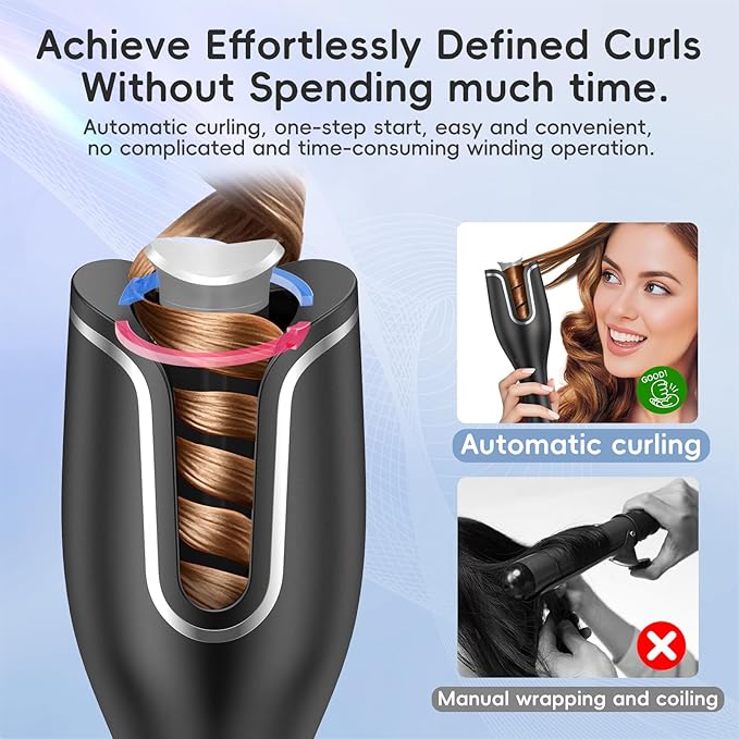 Automatic Hair Curler Auto Rotating Curling Iron with 4 Temps & 8 Timers(12s-19s), LCD Display, 1" Barrel | Dual Voltage Fast Heating, Anti-Scald & Auto Off for Home Salon & Travel Use(Black)