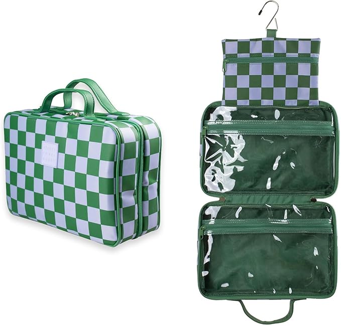 Green Gambit Checkered Hanging Travel Bag, Toiletry Bag, Makeup Bag for Women, Portable Water-resistant Small Travel Bag for Toiletries & Cosmetic Essentials