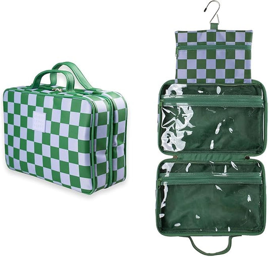 Green Gambit Checkered Hanging Travel Bag, Toiletry Bag, Makeup Bag for Women, Portable Water-resistant Small Travel Bag for Toiletries & Cosmetic Essentials
