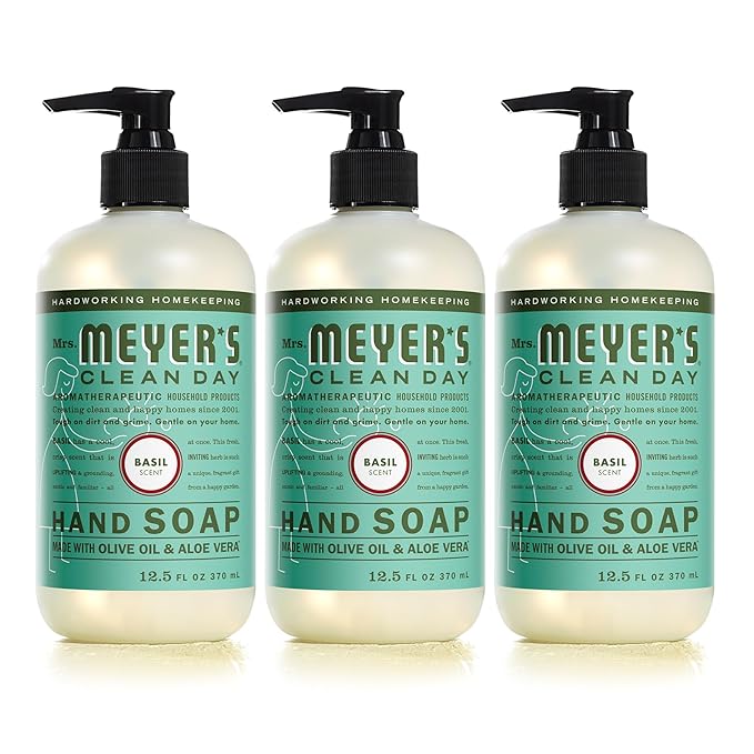 MRS. MEYER'S CLEAN DAY Hand Soap, Made with Essential Oils, Biodegradable Formula, Basil, 12.5 fl. oz - Pack of 3