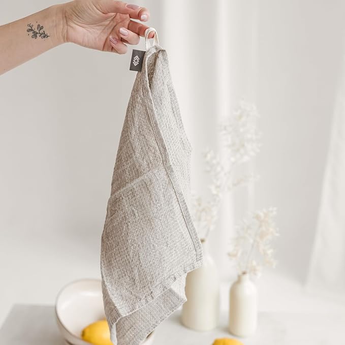 Pure 100% Linen Kitchen Towels - Linen Dish Towels for Kitchen Linens - 13x29-inch Waffle Weave Hand Towels for Bathroom Soft Lightweight Stonewashed Tea Towel Set of 2 Quick-Drying Natural Boho Decor
